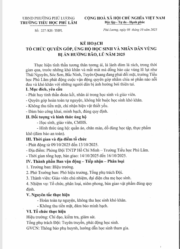 KẾ HOẠCH ỦNG HỘ TỔ CHỨC QUYÊN GÓP, ỦNG HỘ HỌC SINH VÀ NHÂN DÂN BỊ ẢNH HƯỞNG BÃO, LŨ NĂM 2025