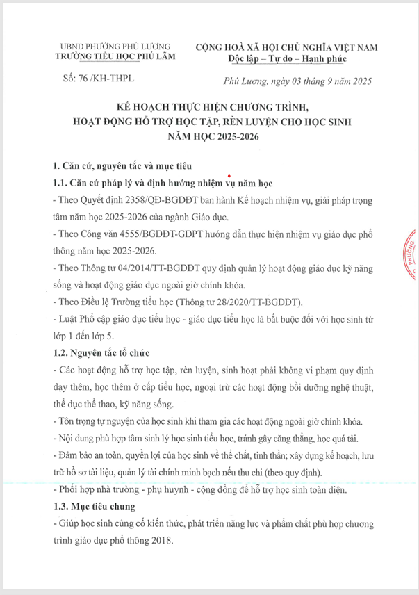 KẾ HOẠCH THỰC HIỆN CHƯƠNG TRÌNH HOẠT ĐỘNG HỖ TRỢ HỌC TẬP, RÈN LUYỆN CHO HỌC SINH NĂM HỌC 2025 -