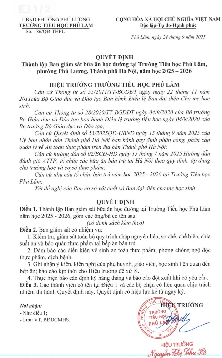QUYẾT ĐỊNH THÀNH LẬP BAN GIÁM SÁT BỮA ĂN HỌC ĐƯỜNG TẠI TRƯỜNG TIỂU HỌC PHÚ LÃM NĂM HỌC 2025 - 2026