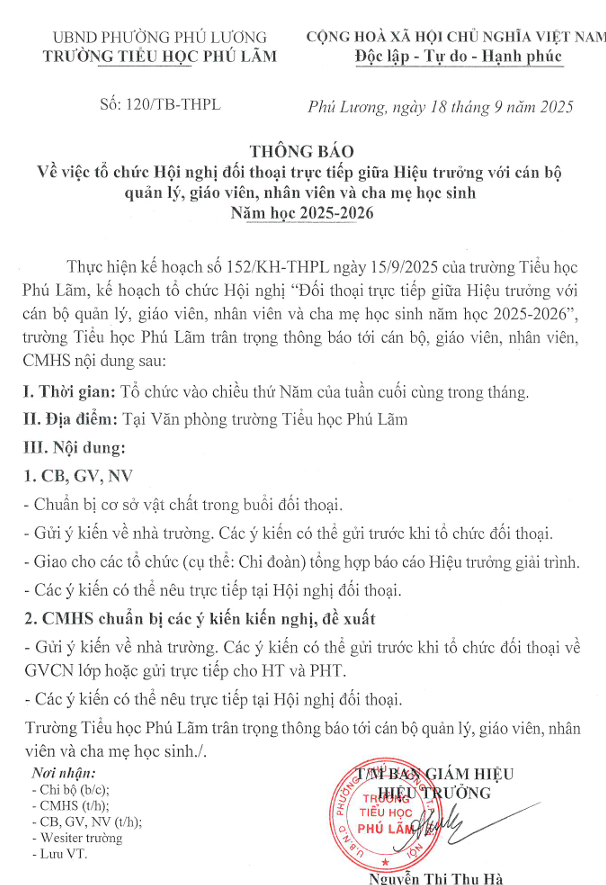 THÔNG BÁO VỀ VIỆC TỔ CHỨC HỘI NGHỊ ĐÔI THOẠI TRỰC TIẾP GIỮA HIỆU TRƯỞNG VỚI CÁN BỘ QUẢN LÝ, GIÁO VIÊN VÀ CHA MẸ HỌC SINH NĂM 2025 - 2026