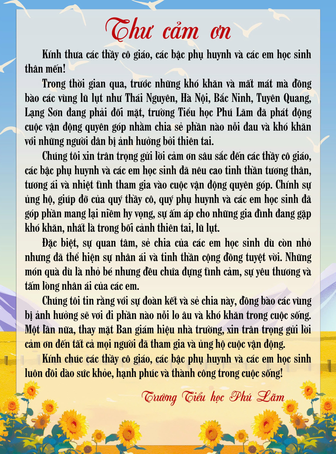 THƯ CẢM ƠN