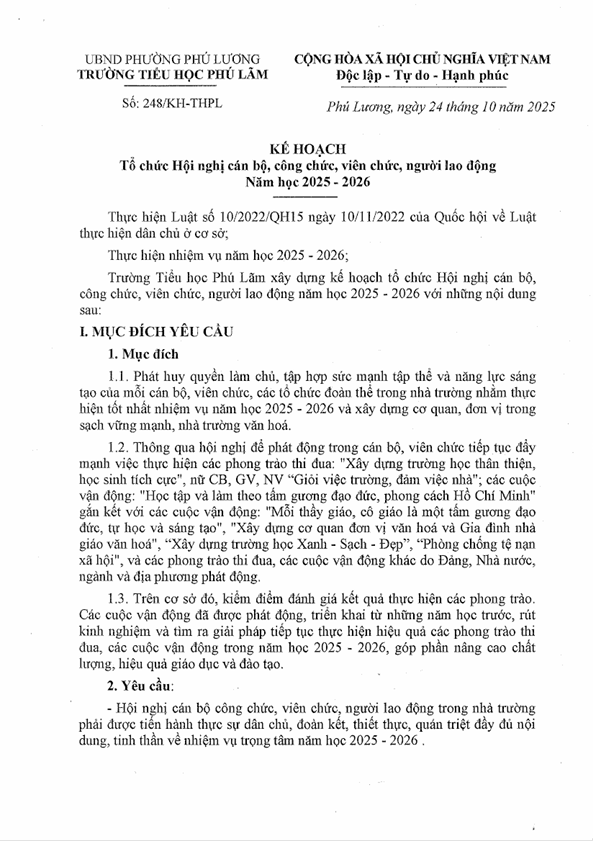 KẾ HOẠCH TỔ CHỨC HỘI NGHỊ CÁN BỘ, CÔNG CHỨC, NGƯỜI LAO ĐỘNG NĂM HỌC 2025 - 2026