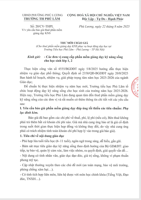 THƯ MỜI CHÀO GIÁ CHO THUÊ PHẦN MỀM DẠY KNS PHỤUC VỤ HOẠT ĐỘNG DẠY HỌC TẠI TRƯỜNG TH PHÚ LÃM - PHÚ LƯƠNG - TP HÀ NỘI