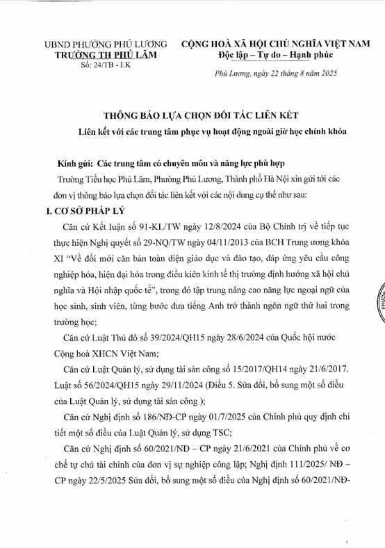 THÔNG BÁO LỰA CHỌN ĐỐI TÁC LIÊN KẾT VỚI CÁC TRUNG TÂM PHỤC VỤ HOẠT ĐỘNG NGOÀI GIỜ HỌC CHÍNH KHÓA