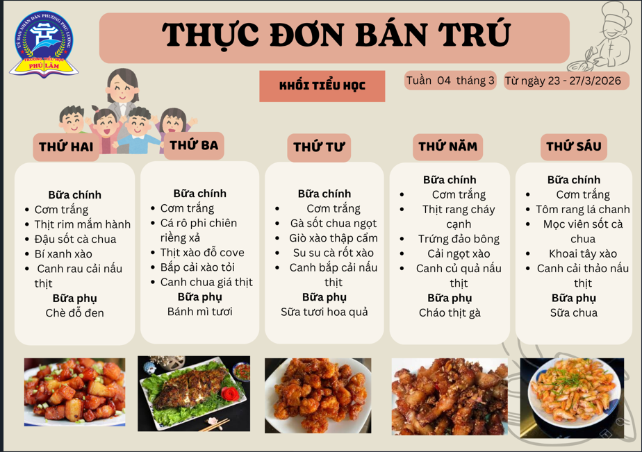 THỰC ĐƠN BÁN TRÚ TUẦN 4 THÁNG 3 NĂM 2026
