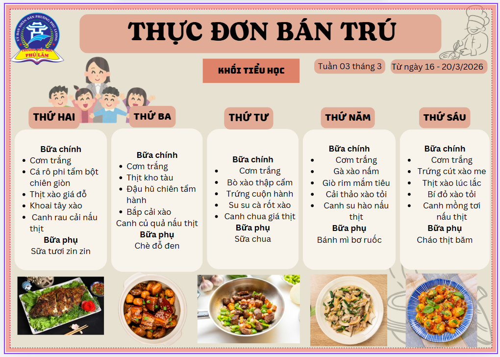 THỰC ĐƠN BÁN TRÚ TUẦN 3 THÁNG 3 NĂM 2026