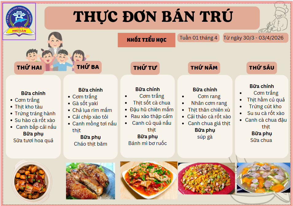 THỰC ĐƠN BÁN TRÚ TUẦN 1 THÁNG 4