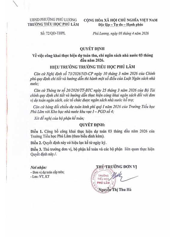 QĐ VỀ VIỆC CÔNG KHAI THỰC HIỆN DỰ TOÁN THU, CHI NGÂN SÁCH NHÀ NƯỚC 03 THÁNG ĐẦU NĂM 2026