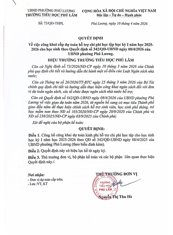 QĐ VỀ VIỆC CÔNG KHAI CẤP DỰ TOÁN HỖ TRỢ CHI PHÍ HỌC TẬP KỲ I NĂM HỌC 2025 - 2026 CHO HỌC SINH THEO QUYẾT ĐỊNH SỐ 342/QĐ-UBND NGÀY 08/04/2026 CỦA UBND PHƯỜNG PHÚ LƯƠNG