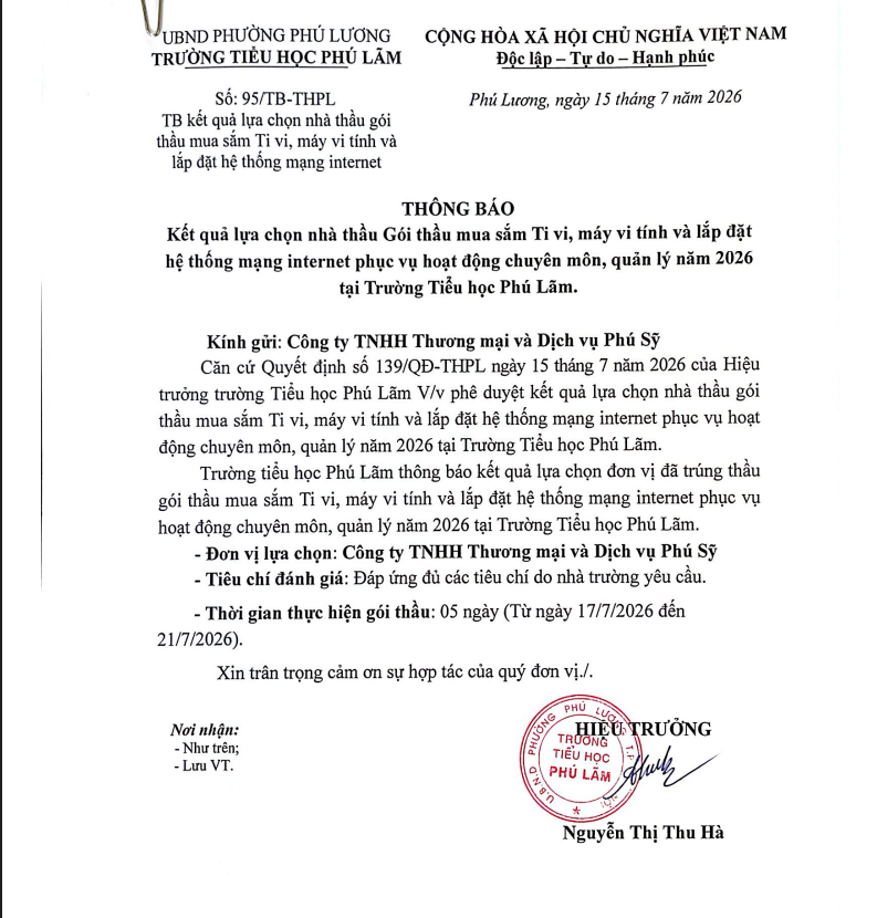 THÔNG BÁO Kết quả lựa chọn nhà thầu Gói thầu mua sắm Ti vi, máy vi tính và lắp đặt hệ thống mạng internet phục vụ hoạt động chuyên môn, quản lý năm 2026 tại Trường Tiểu học Phú Lãm.